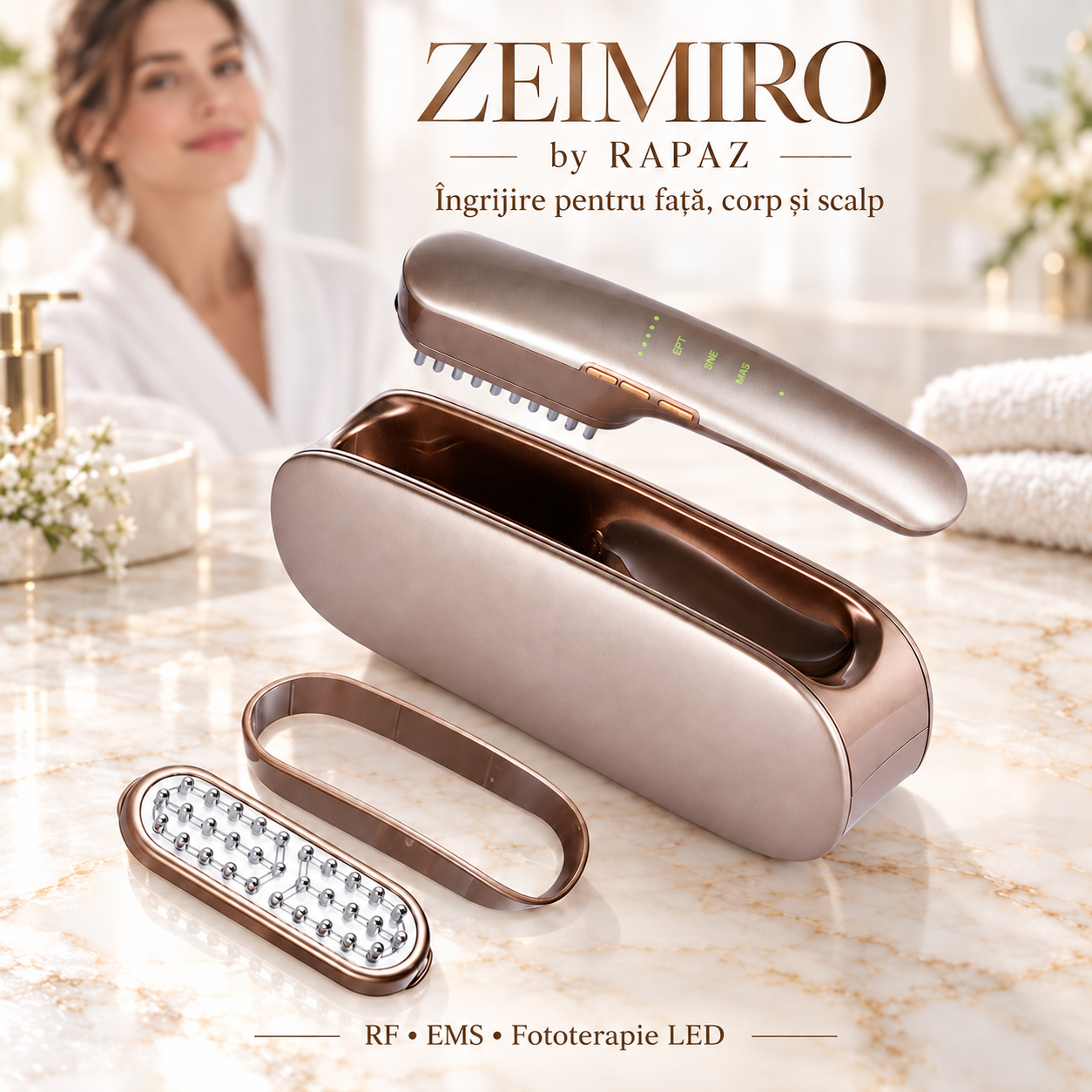 01_ZEIMIRO_HERO_iermwp Aparat facial cu radiofrecvență ZEIMIRO by Rapaz 3 în 1, EMS și fototerapie, auriu - imagine 1