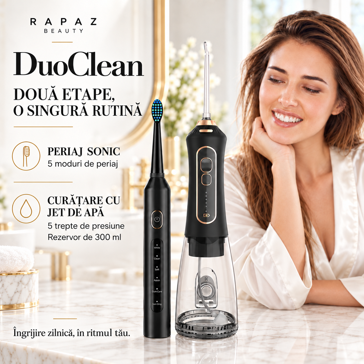 02_DuoClean_Negru_Doua_Etape_O_Rutina_jhrjgi Set irigator și periuță electrică RPZ DuoClean, IPX7, 300 ml, negru - imagine 1