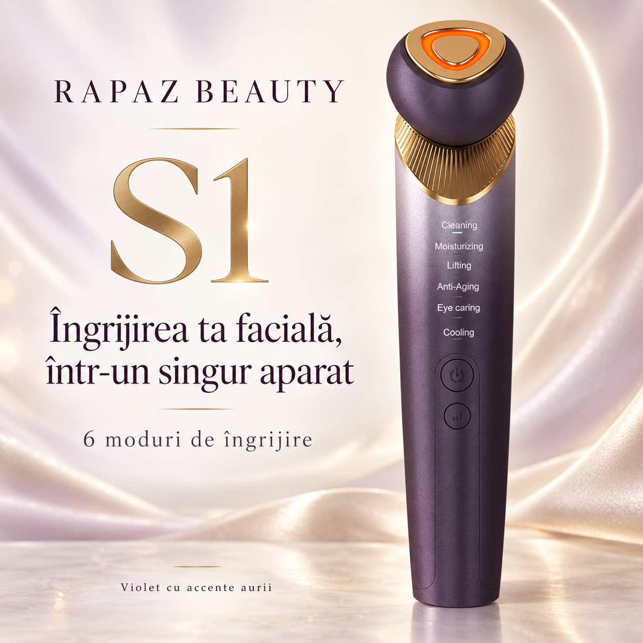 1_zbi2og Aparat facial cu microcurenți Rapaz S1, 6 moduri, încălzire și răcire, mov-auriu - imagine 1